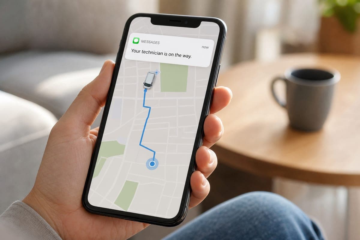 Phone showing a text and map update when the technician is en route